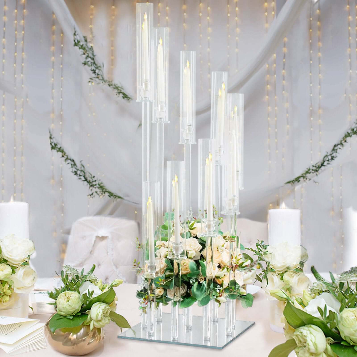 9-Arm Crystal Glass Cluster Candelabra Pedestal Stand 4ft - Square Hurricane Taper Candle Holder Table Centerpiece