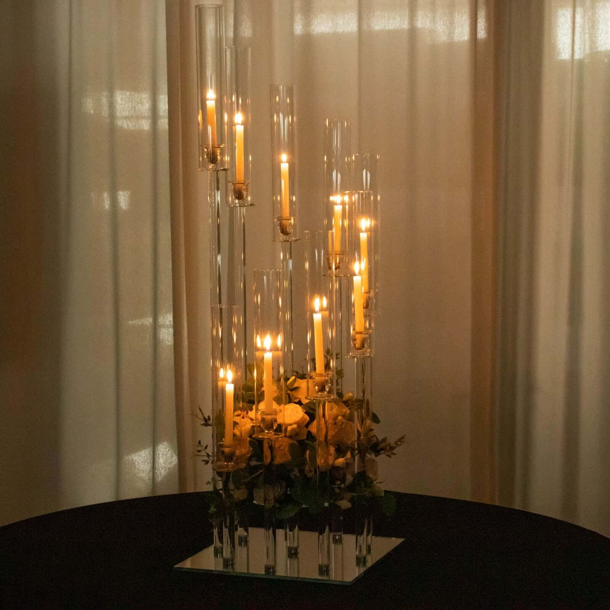 9-Arm Crystal Glass Cluster Candelabra Pedestal Stand 4ft - Square Hurricane Taper Candle Holder Table Centerpiece
